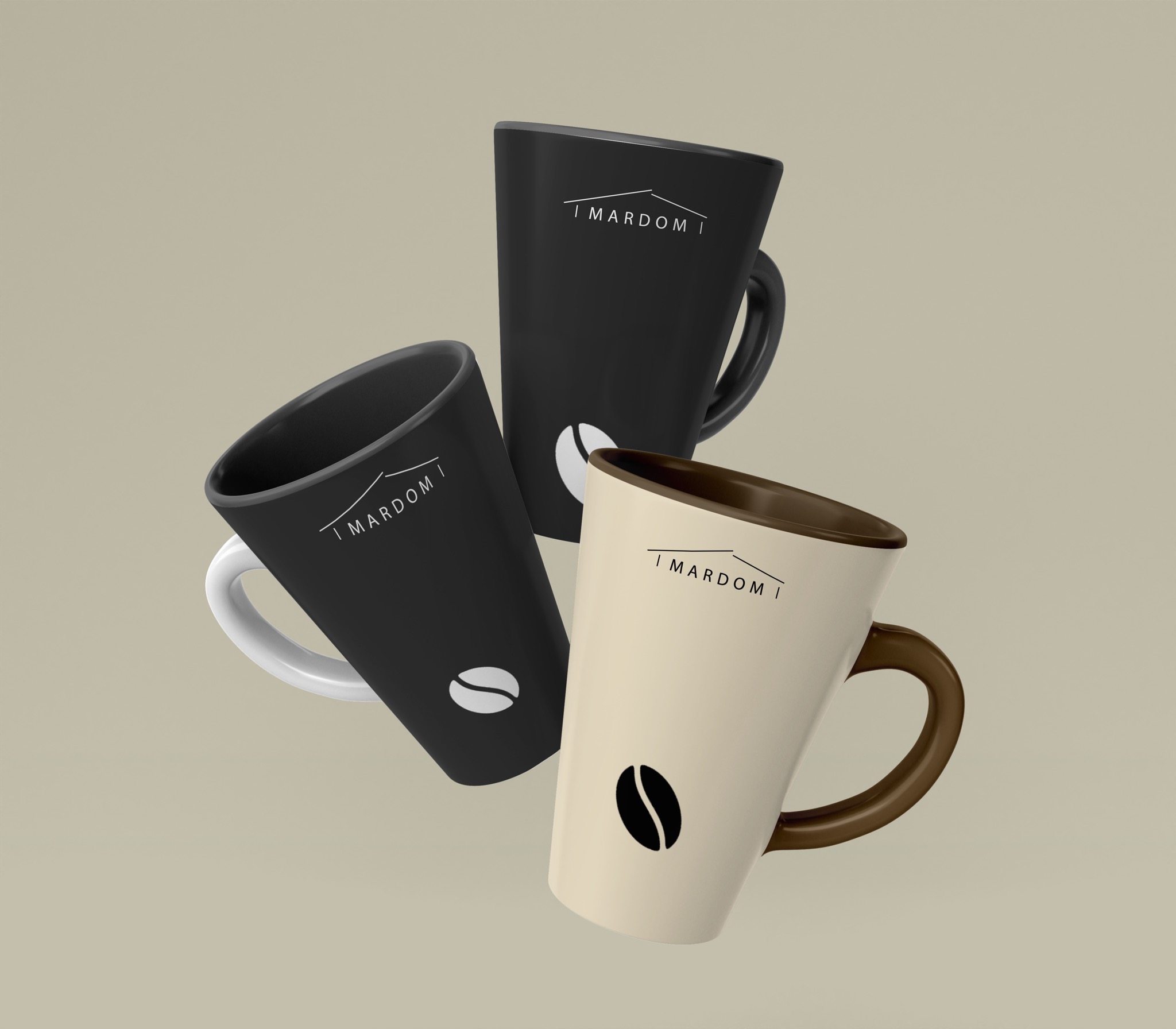 Trzy unoszące się kubki z logo i motywem ziaren kawy, czarny, beżowy i czarno-biały, na jednolitym tle.
