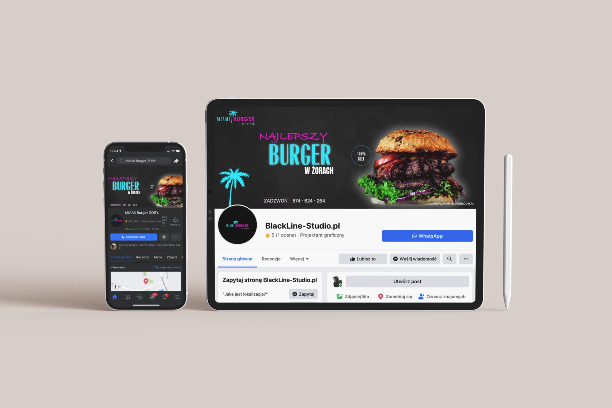 Prezentacja strony na Facebooku restauracji Miami Burger Żory na urządzeniach: smartfonie i tablecie, obok leży rysik do tabletu.