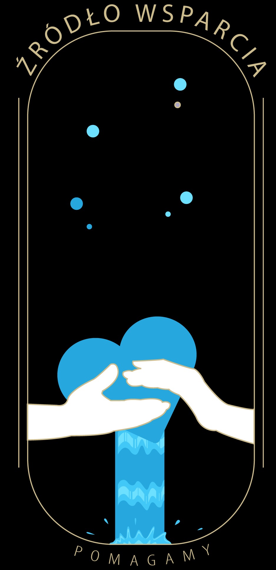 Grafika wektorowa: Dwie białe dłonie podtrzymujące błękitne serce, z którego spływa stylizowany wodospad, otoczone złotą ramką z napisem 'Źródło Wsparcia' u góry i 'Pomagamy' na dole, na czarnym...