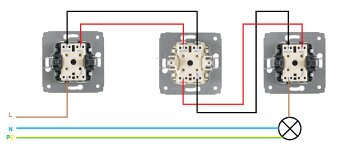 Schemat podłączenia trzech włączników światła, z zaznaczonymi przewodami fazowymi (L), neutralnymi (N) i ochronnymi (P), prowadzącymi do symbolu żarówki.