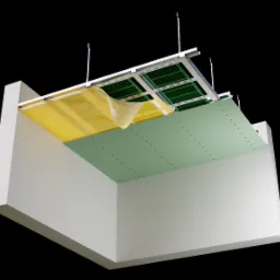 Przekrój pomieszczenia z widoczną konstrukcją sufitu podwieszanego: metalowy stelaż, żółta folia izolacyjna, zielona płyta gipsowo-kartonowa z widocznymi śrubami mocującymi.