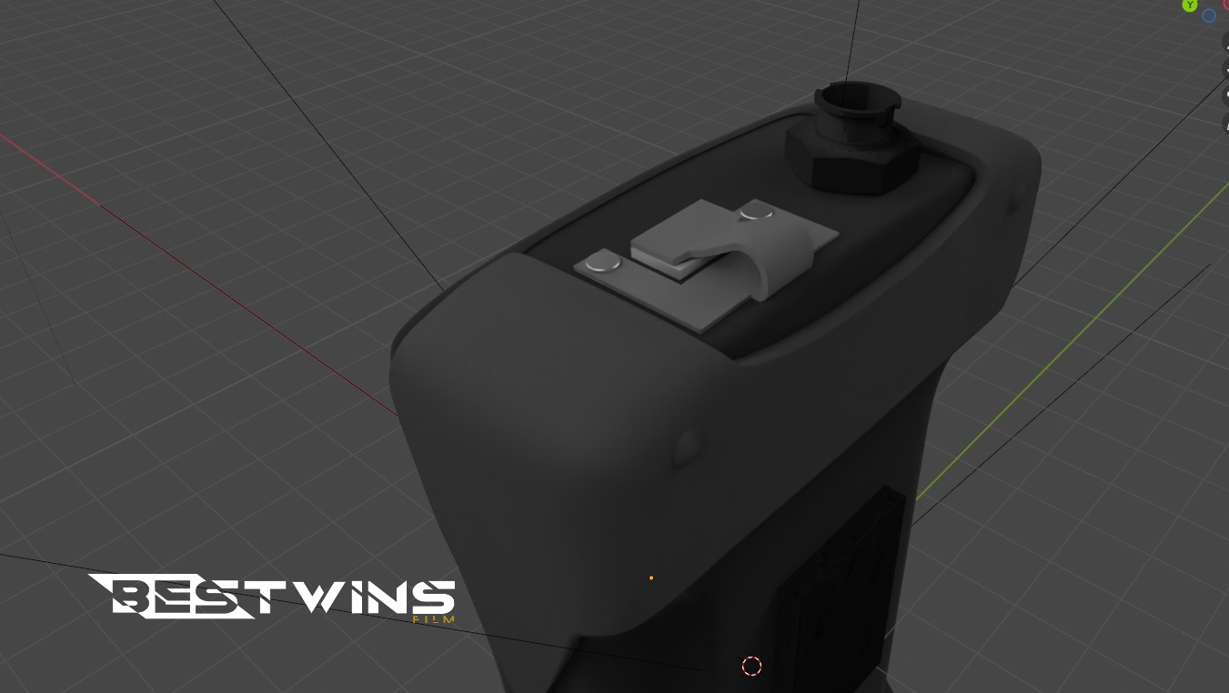 Szary, trójwymiarowy model kontrolera z elementami mocującymi, renderowany na siatce w programie do modelowania 3D, z logo 'BESTWINS FILM' w lewym dolnym rogu.