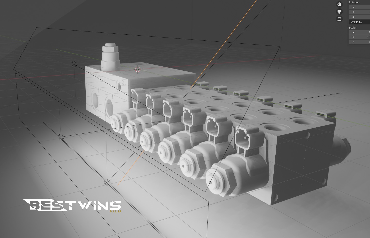 Model 3D bloku hydraulicznego z widocznymi elementami siatki i logo firmy Best Wins Film w dolnym rogu.