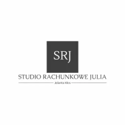 Logo Studia Rachunkowego Julia Jolanta Kłos z Starogardu Gdańskiego, z inicjałami SRJ w ciemnoszarym kwadracie nad nazwą firmy.