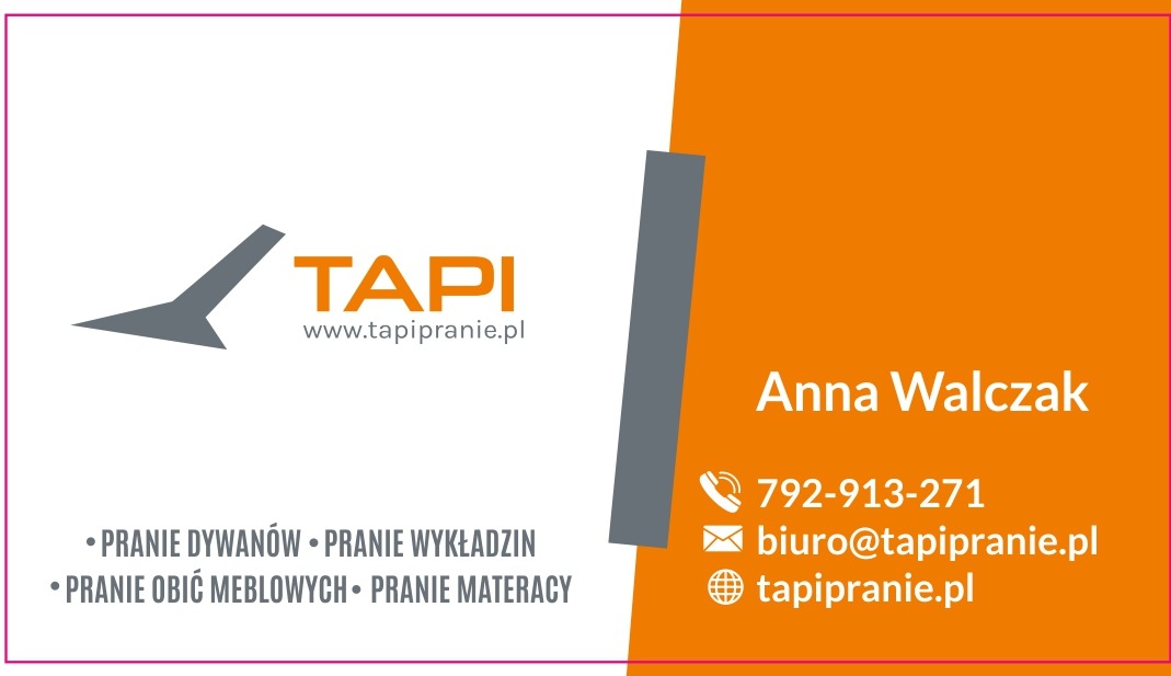 Wizytówka firmy Tapi z logo w kształcie strzałki, pomarańczowym napisem 'TAPI' i adresem strony internetowej, numerem telefonu, adresem e-mail oraz listą oferowanych usług: pranie dywanów...