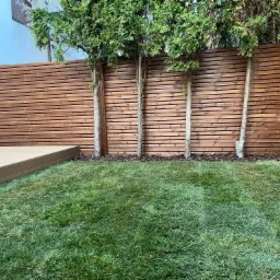 Nowoczesny ogród z poziomym, drewnianym ogrodzeniem, młodymi drzewami posadzonymi wzdłuż niego, fragmentem tarasu i świeżo skoszoną trawą.