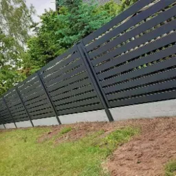 Nowoczesne, poziome, czarne panele ogrodzeniowe na betonowej podmurówce, widoczne na tle zieleni drzew i trawnika na nierównym terenie.
