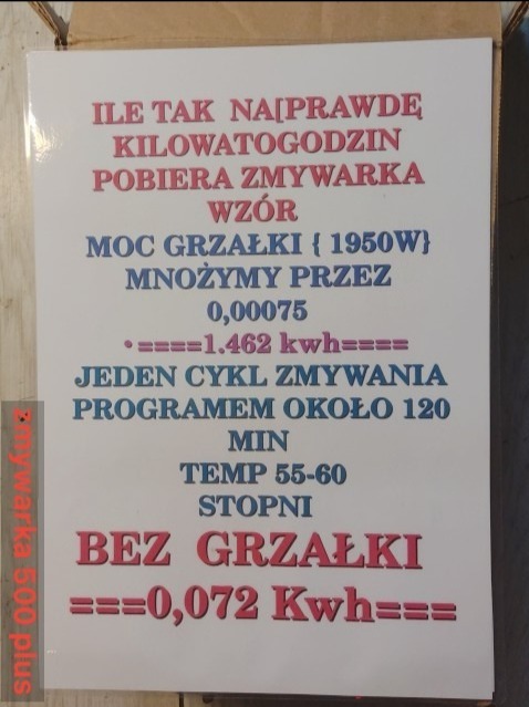 Informacja o zużyciu energii przez zmywarkę, prezentująca wzór obliczeniowy z mocą grzałki 1950W oraz zużycie energii podczas cyklu zmywania z i bez grzałki.