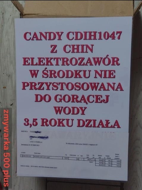 Informacja o zmywarce Candy CDIH1047 z elektro zaworem, który nie jest przystosowany do gorącej wody, oraz fakturą zakupu. Widoczny napis z boku: zmywarka 500 plus.