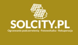 Logo firmy Solcity.pl z dwoma panelami słonecznymi stylizowanymi na domy, na złotym tle. Pod nazwą firmy hasło: Ogrzewanie podczerwienią - Fotowoltaika - Rekuperacja.