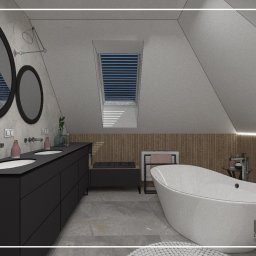 Wnętrza Dabińska - Wizualizacja łazienki na poddaszu z owalną wanną, czarną szafką z umywalkami, okrągłymi lustrami i oknem dachowym z żaluzjami.