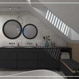 Wnętrza Dabińska - Wizualizacja łazienki na poddaszu ze skośnym oknem, z dwoma okrągłymi lustrami nad czarną szafką z umywalkami i dekoracjami, obok wanny.