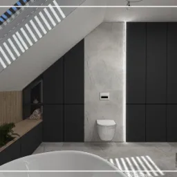 Wizualizacja łazienki na poddaszu ze skosem, z czarnymi szafkami, podświetlanym panelem ściennym, wiszącą toaletą, roślinami w donicach i fragmentem białej wanny.
