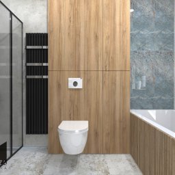 Wnętrza Dabińska - Wizualizacja nowoczesnej łazienki z kabiną prysznicową typu walk-in, zabudowaną toaletą z drewnianym panelem i grzejnikiem drabinkowym w kolorze czarnym.