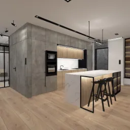 Wizualizacja nowoczesnej kuchni z wyspą, betonowymi ścianami i drewnianymi akcentami, oświetlenie punktowe i wiszące lampy, podłoga z jasnego drewna, czarne hokery przy wyspie.