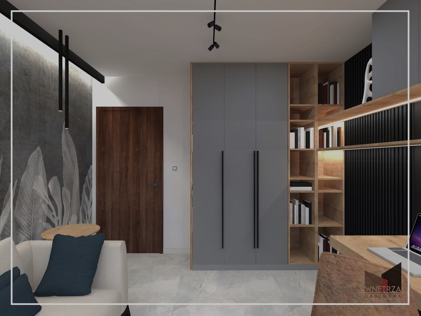 Wizualizacja pokoju z szarą szafą, regałem z książkami, biurkiem z laptopem i sofą z niebieskimi poduszkami, oświetlenie punktowe na suficie, dekoracyjna tapeta z motywem liści.