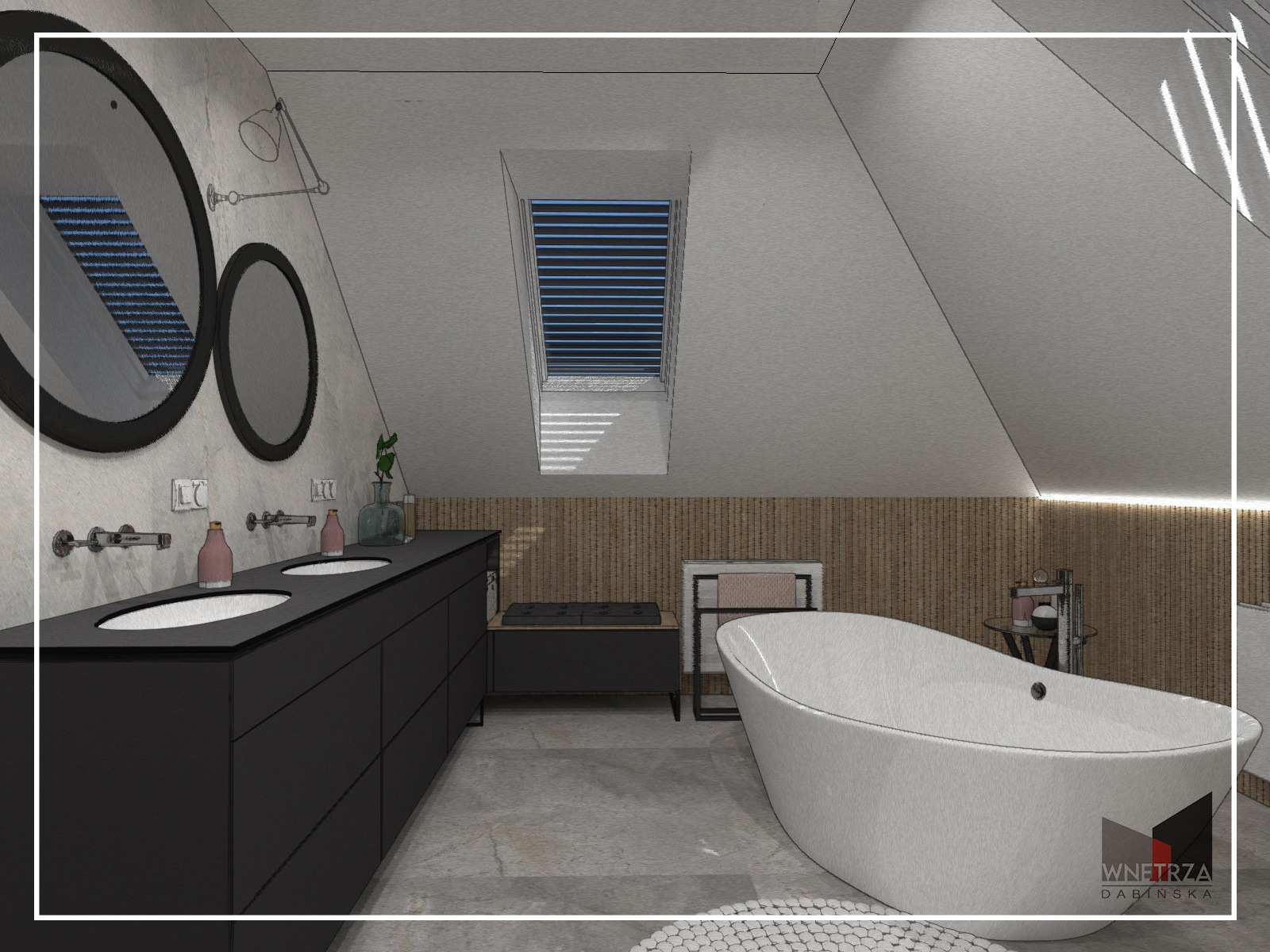 Wizualizacja łazienki na poddaszu z owalną wanną, czarną szafką z umywalkami, okrągłymi lustrami i oknem dachowym z żaluzjami.