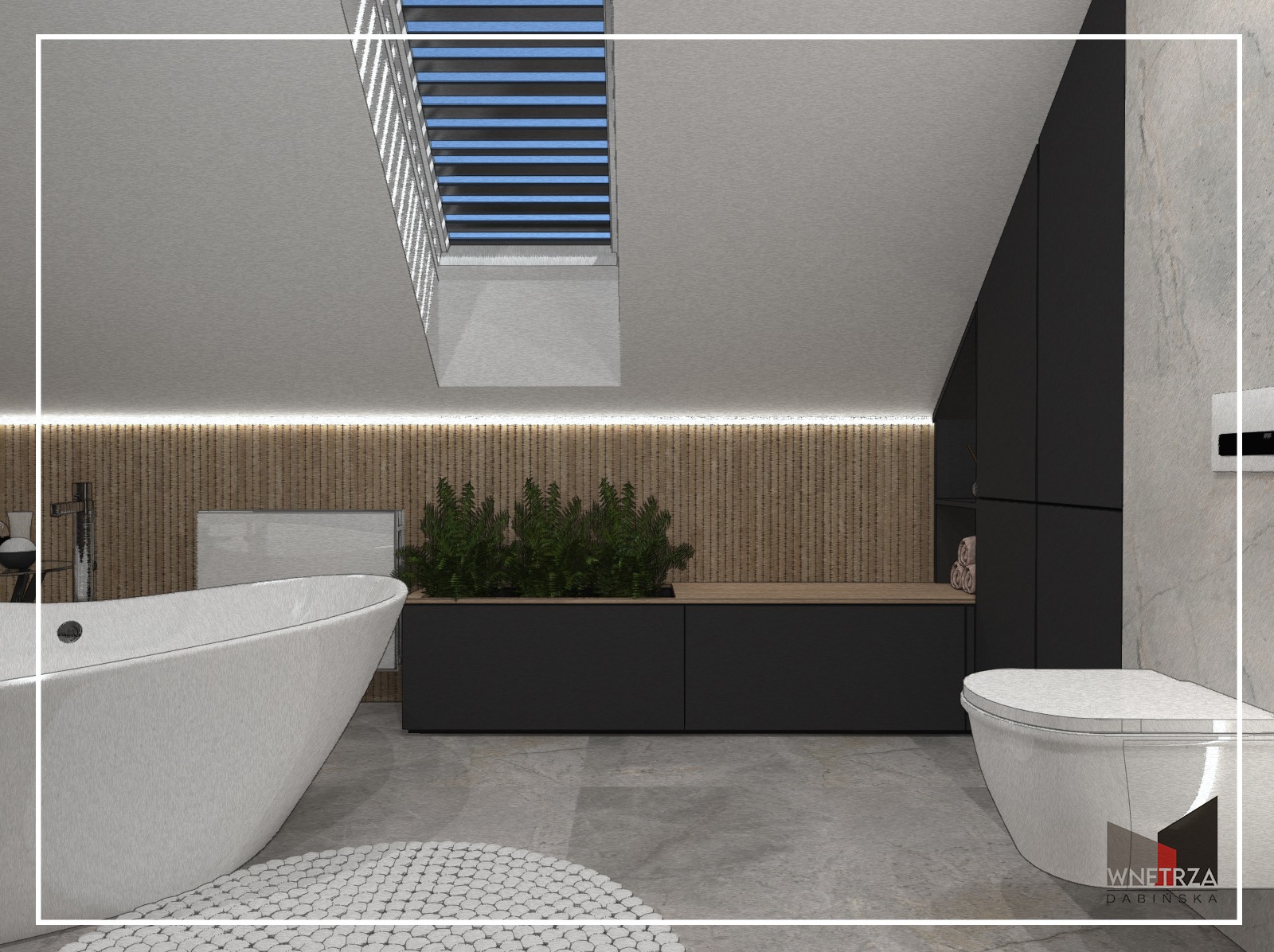 Wizualizacja łazienki na poddaszu z oknem dachowym, białą wolnostojącą wanną na okrągłym dywaniku, zabudową meblową z drewnianymi lamelami i roślinami doniczkowymi oraz marmurową ścianą.