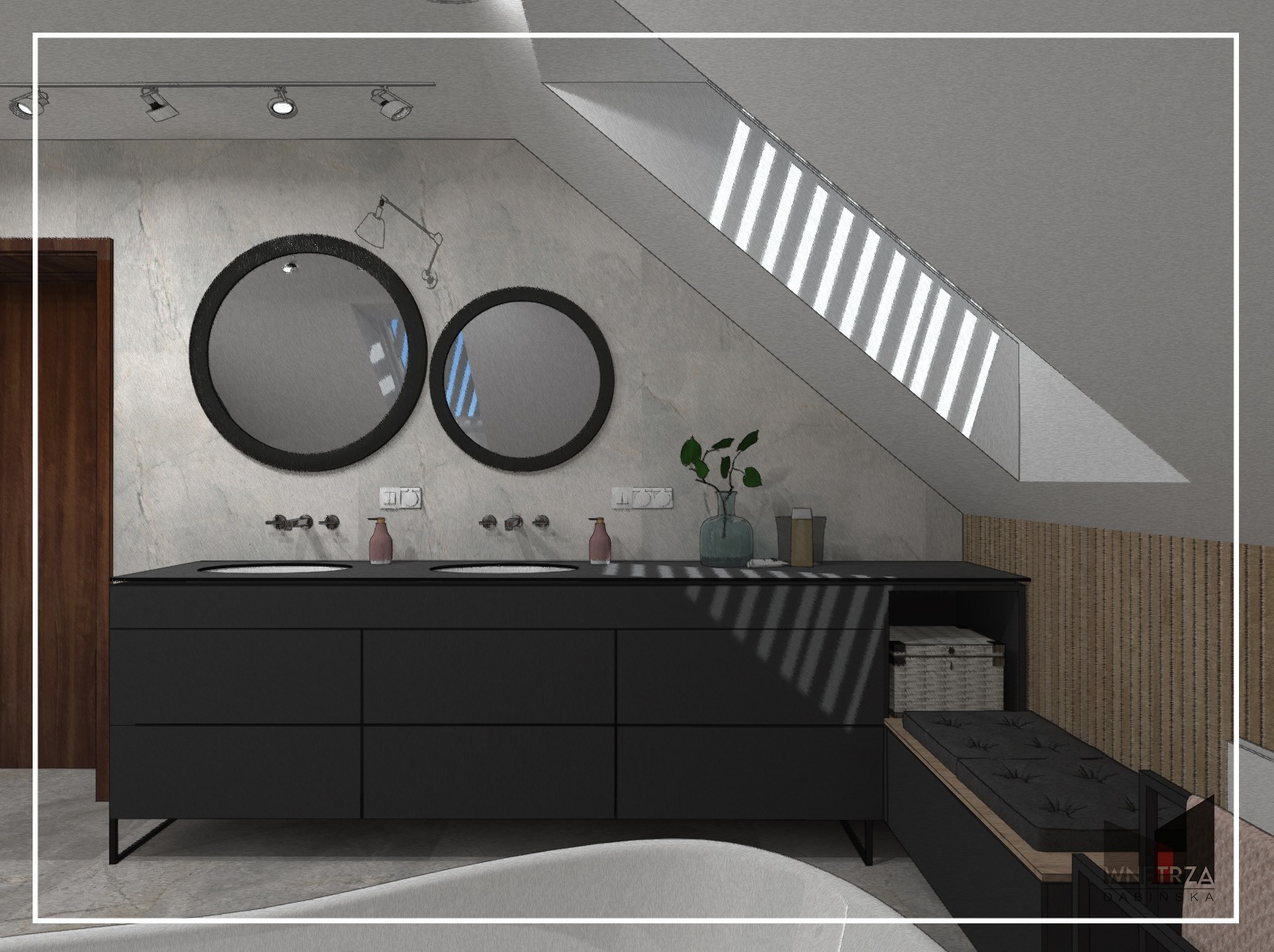 Wizualizacja łazienki na poddaszu ze skośnym oknem, z dwoma okrągłymi lustrami nad czarną szafką z umywalkami i dekoracjami, obok wanny.