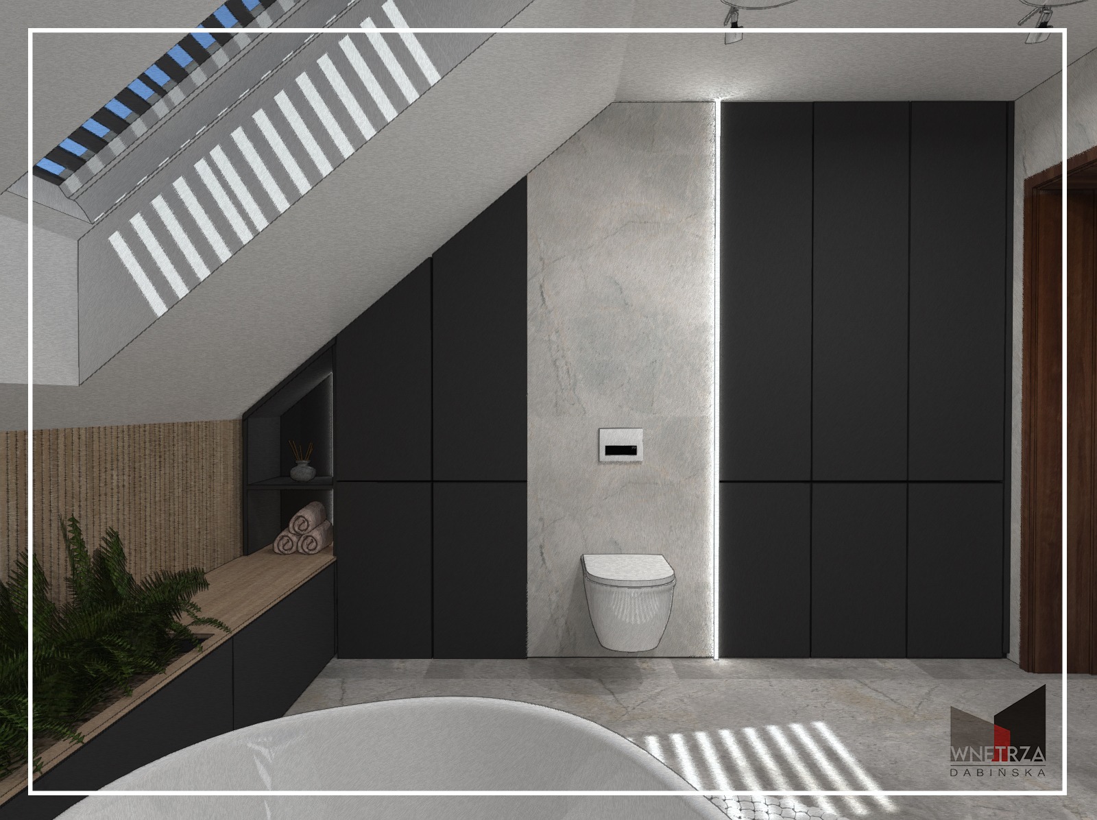 Wizualizacja łazienki na poddaszu ze skosem, z czarnymi szafkami, podświetlanym panelem ściennym, wiszącą toaletą, roślinami w donicach i fragmentem białej wanny.