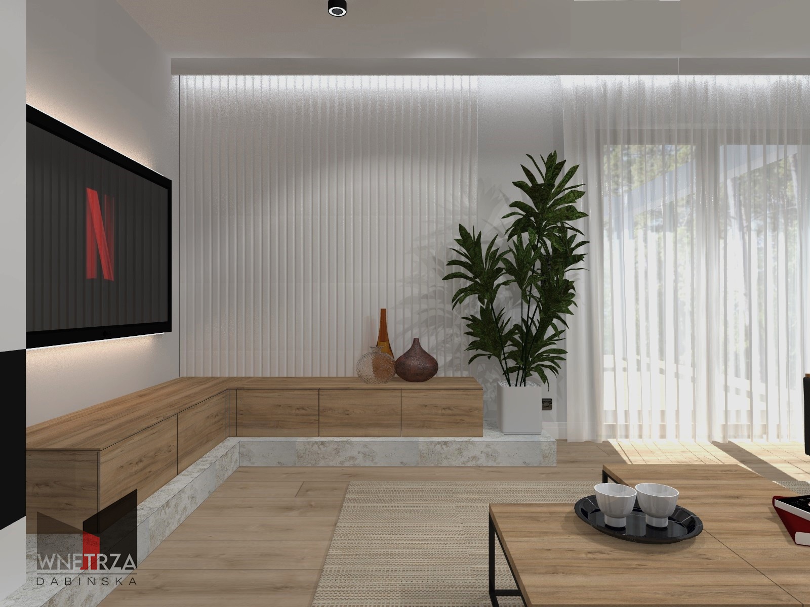 Nowoczesny salon z drewnianą zabudową RTV, minimalistyczną dekoracją ścienną, rośliną doniczkową i telewizorem wyświetlającym logo Netflix.