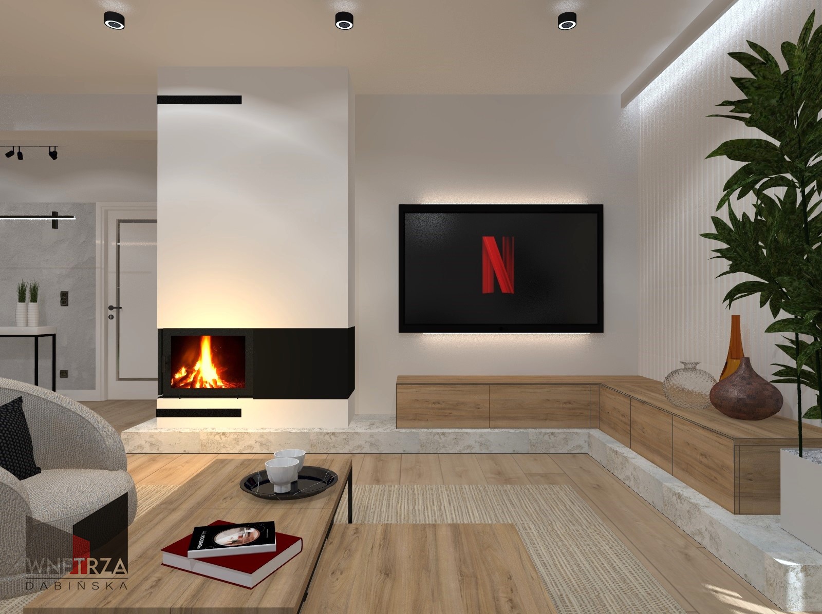 Wizualizacja salonu z nowoczesnym kominkiem, telewizorem z włączonym Netflixem, drewnianą podłogą i meblami oraz rośliną doniczkową w rogu, na stoliku książki i filiżanki.