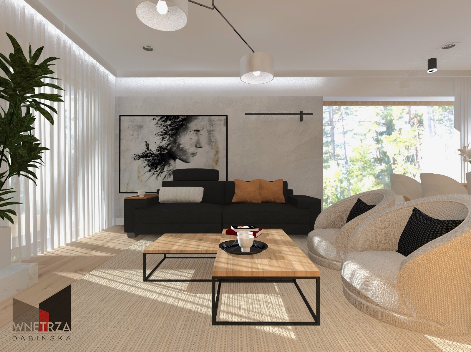 Wizualizacja salonu z czarną sofą, stolikami kawowymi z drewnianymi blatami i wiklinowymi fotelami, oświetlonego naturalnym światłem z okna z widokiem na las.