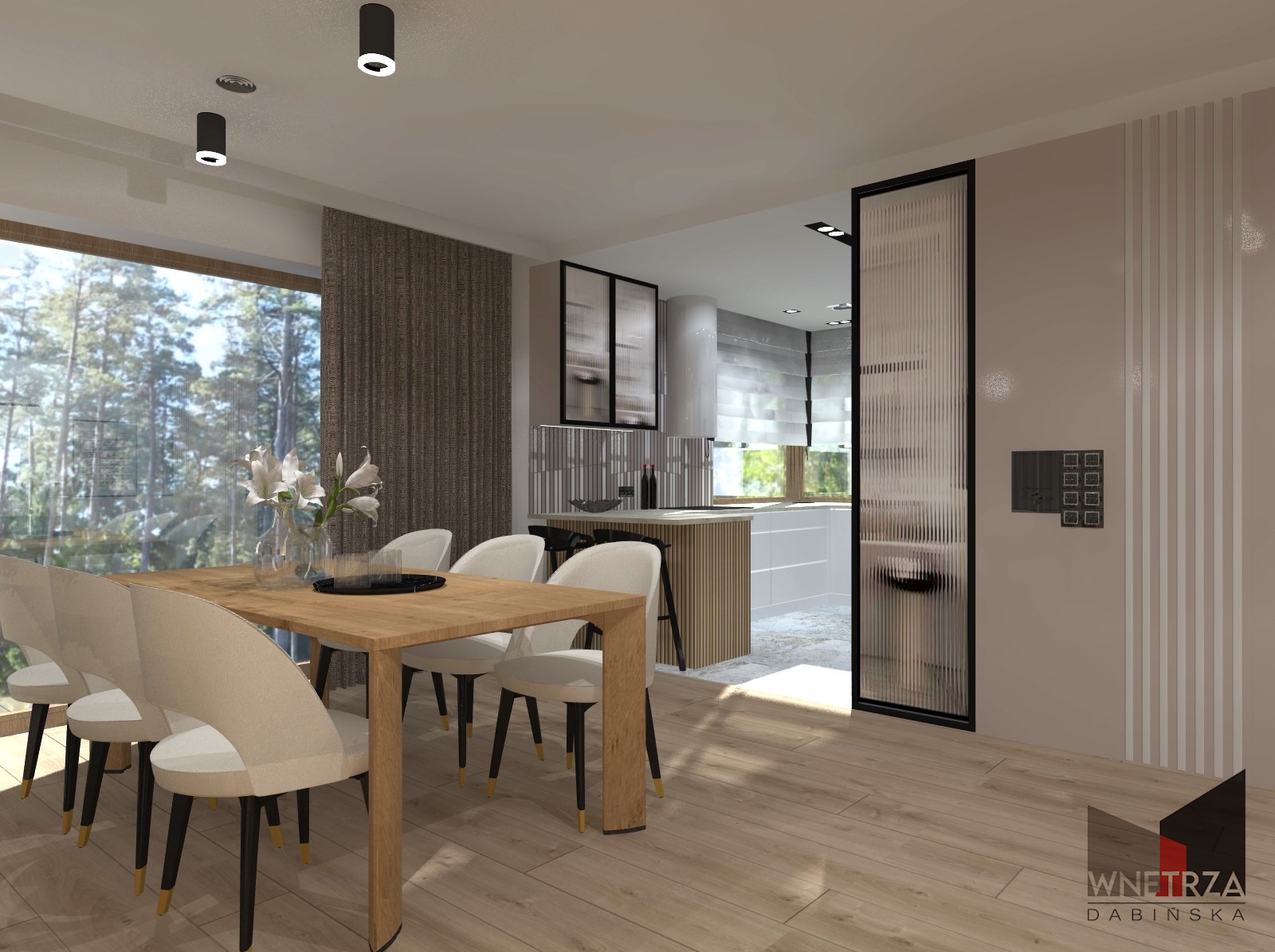 Wizualizacja jadalni z drewnianym stołem i krzesłami z beżową tapicerką, widok na kuchnię przez przeszklone drzwi, duże okno z widokiem na las w tle.