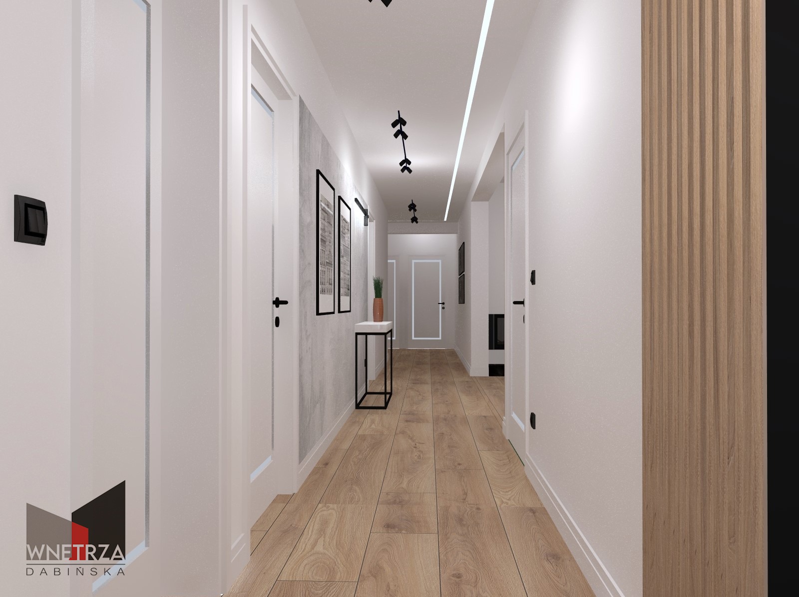 Długi, jasny korytarz w nowoczesnym stylu z drewnianą podłogą, białymi drzwiami i ścianą w odcieniach szarości z czarnymi ramkami obrazów. Minimalistyczna konsola z rośliną i oświetlenie sufitowe.