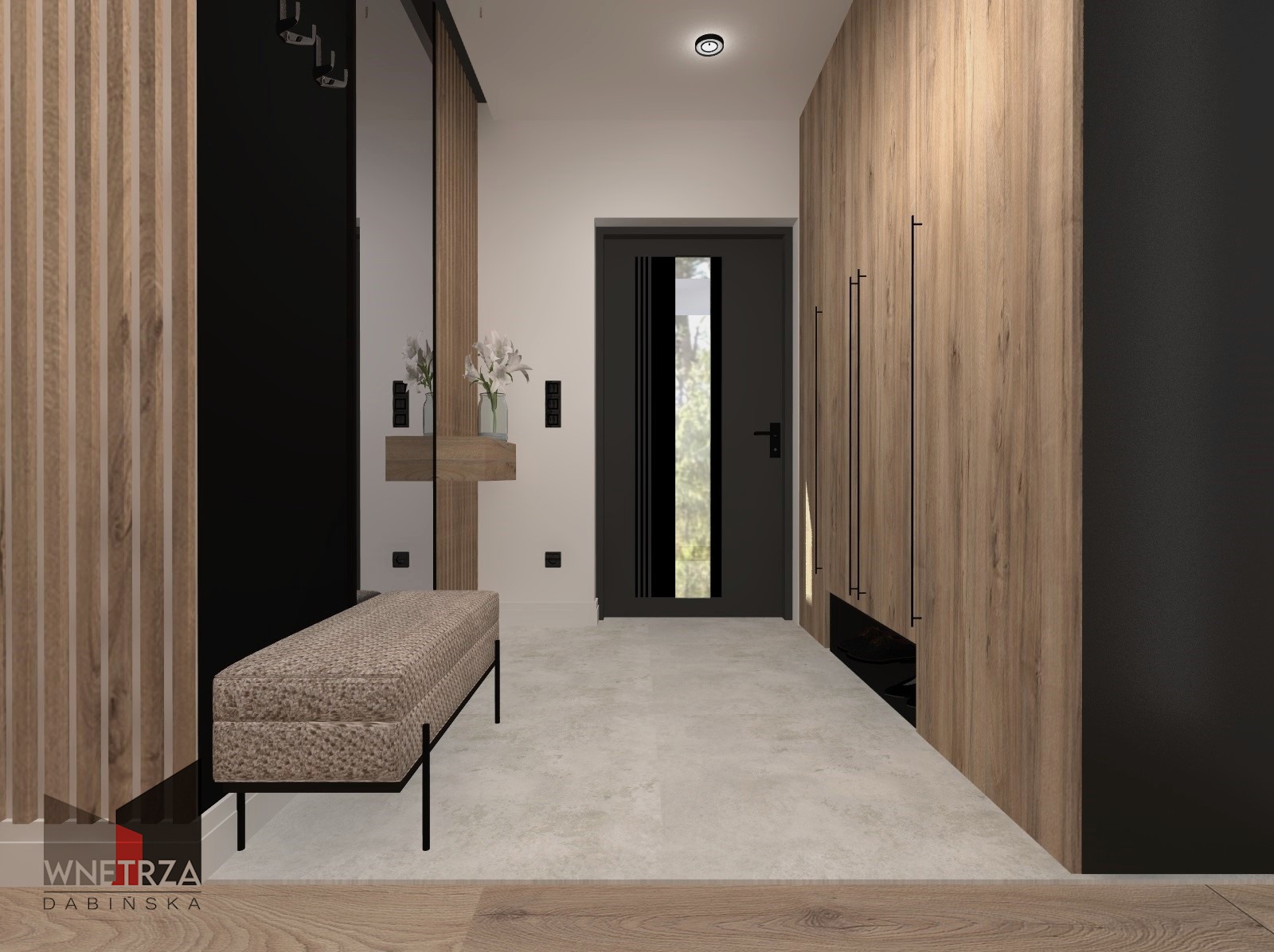 Nowoczesny przedpokój z drewnianymi lamelami, czarnymi akcentami i tapicerowaną ławką, oświetlony punktowo.