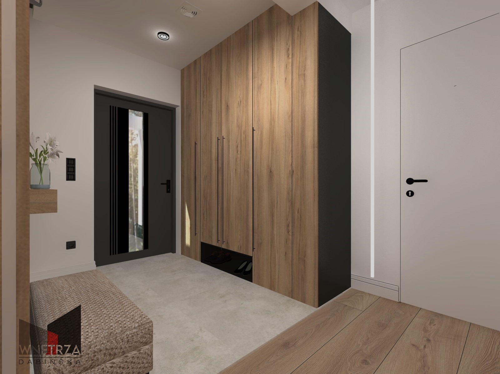 Wizualizacja wnętrza przedpokoju z dużą szafą w zabudowie z drewnianymi frontami, czarnymi elementami i wnęką na buty, obok drzwi wejściowe z czarną ramą i szklanym panelem, po lewej stronie...