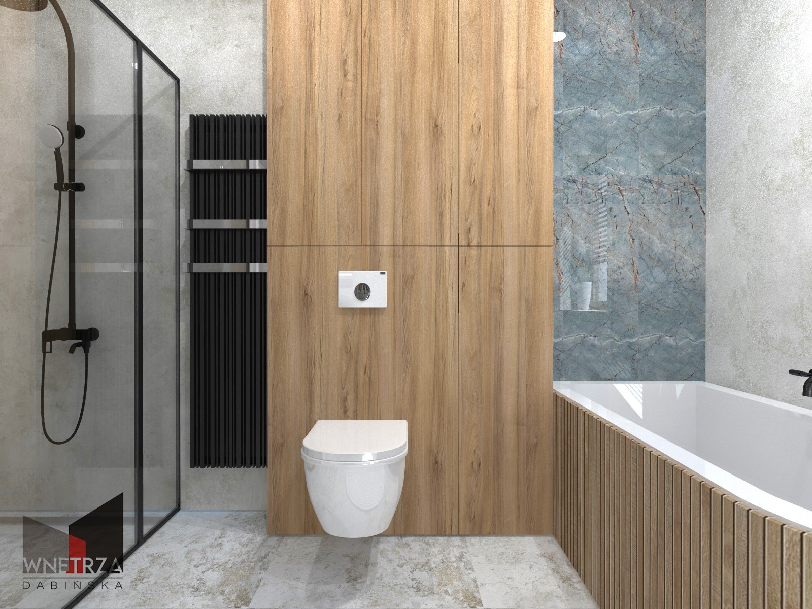 Wizualizacja nowoczesnej łazienki z kabiną prysznicową typu walk-in, zabudowaną toaletą z drewnianym panelem i grzejnikiem drabinkowym w kolorze czarnym.