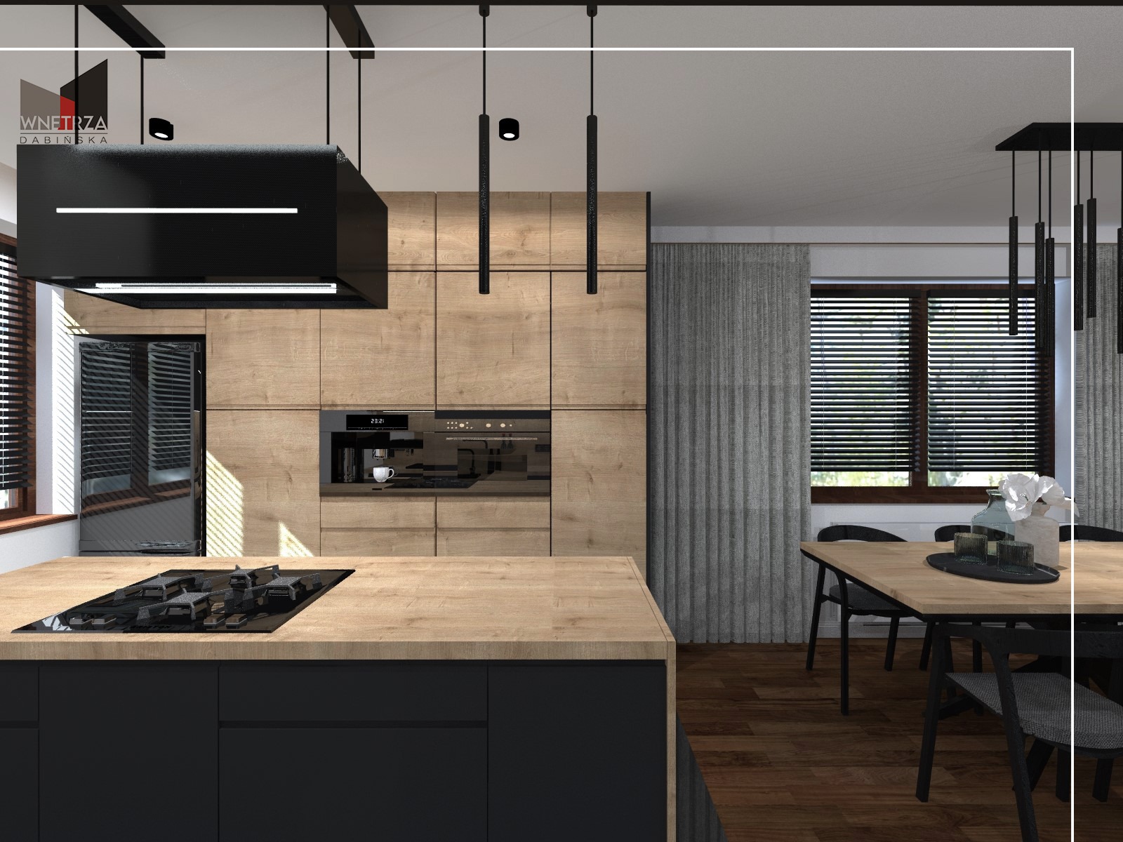 Nowoczesna kuchnia z wyspą, fronty szafek w odcieniach drewna i czerni, czarny okap nad płytą grzewczą, zabudowany ekspres do kawy, stół z krzesłami w tle.