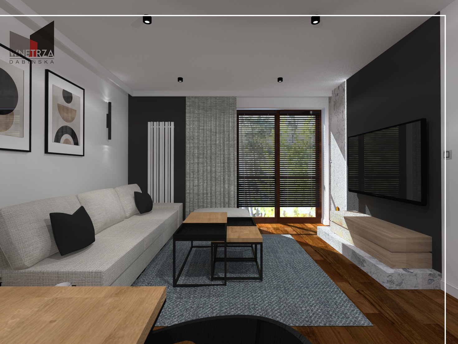 Wizualizacja salonu w nowoczesnym stylu z szarą sofą, czarnymi poduszkami, stolikami kawowymi o metalowych nogach oraz ścianą telewizyjną w kolorze grafitowym, z drewnianą podłogą i dużym oknem...