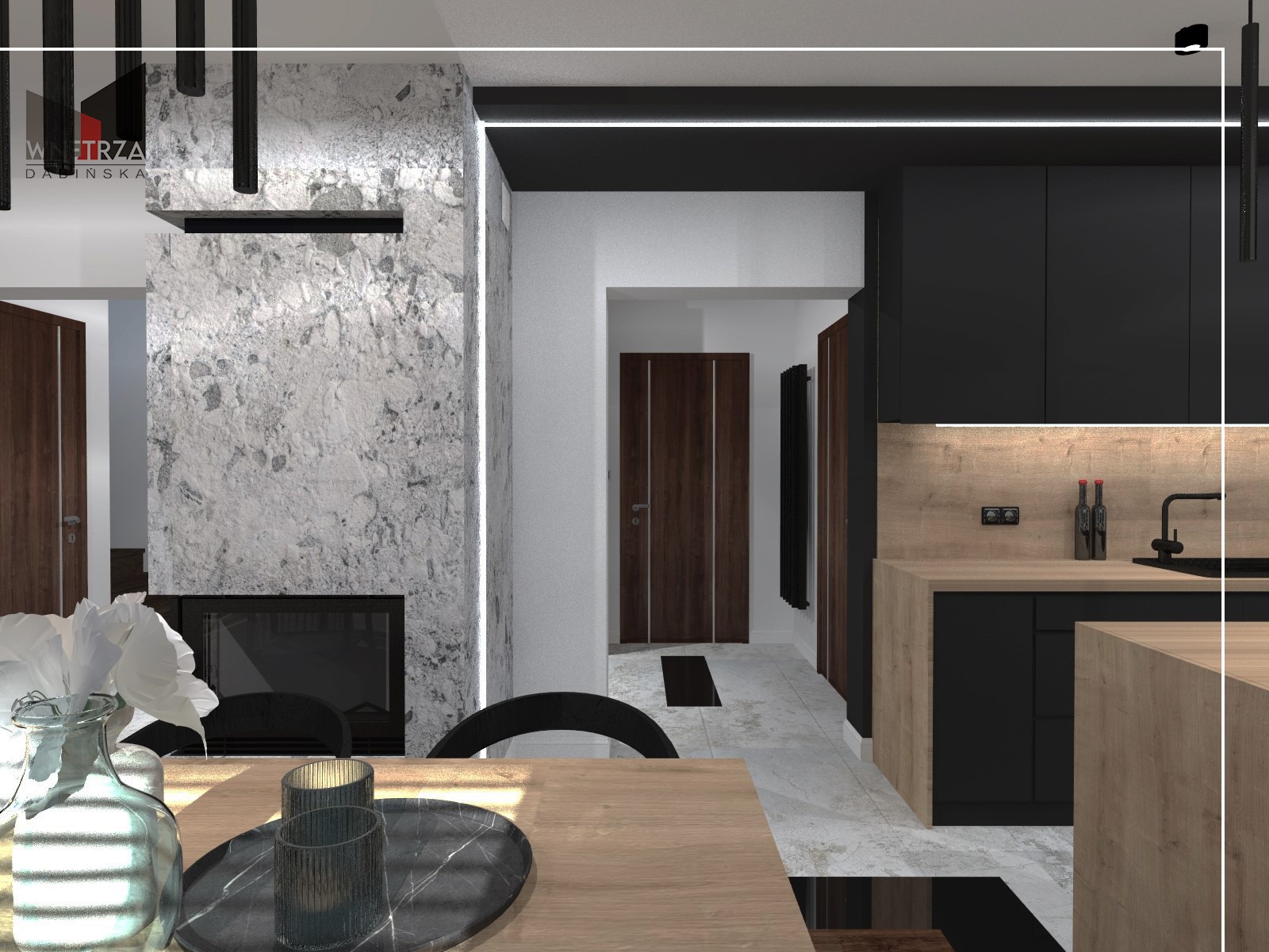 Wizualizacja wnętrza mieszkania z kominkiem obłożonym szarym kamieniem, czarną zabudową kuchenną z drewnianym blatem i stołem z dekoracjami w postaci szklanego wazonu z białymi kwiatami...