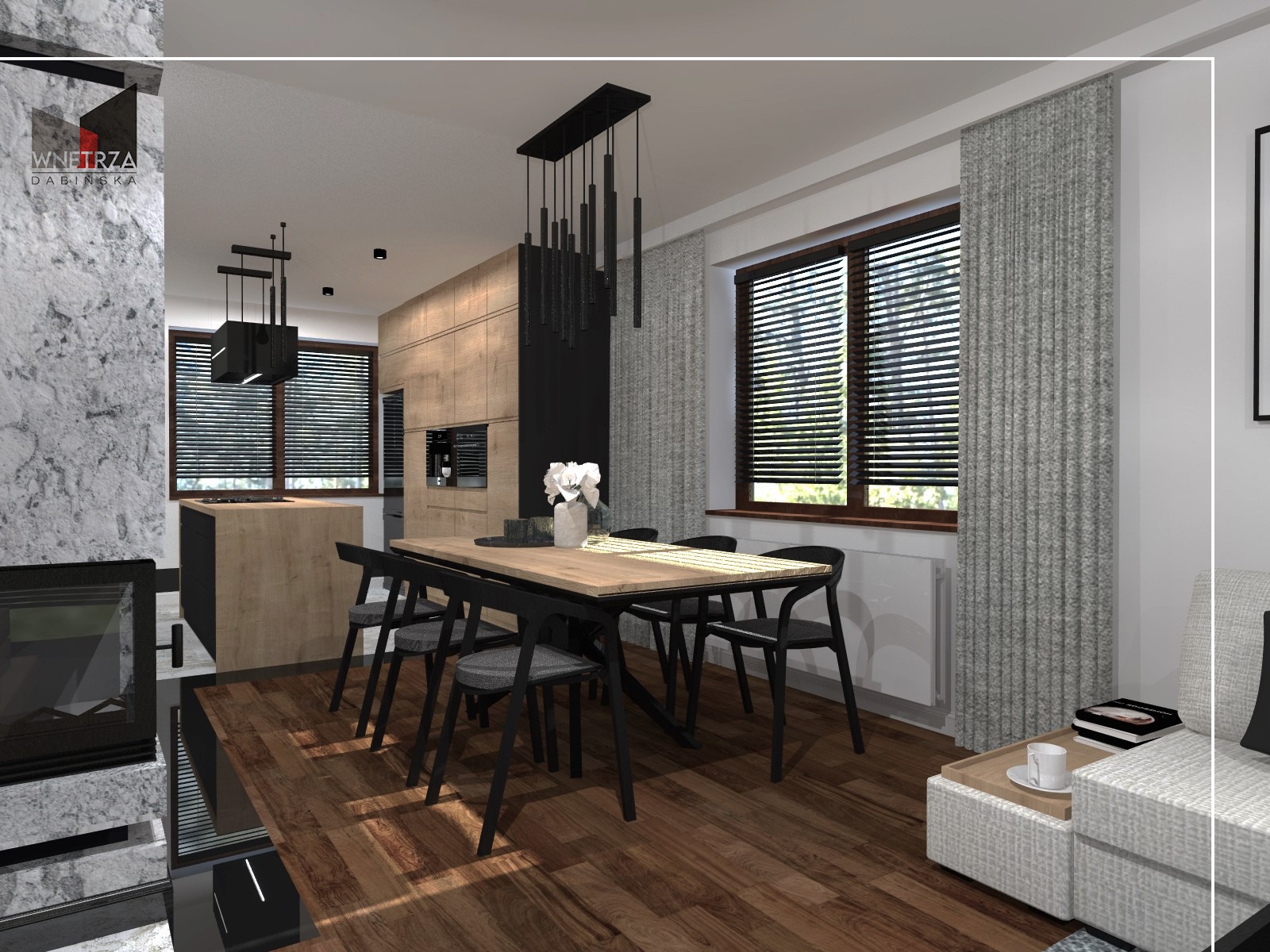 Wizualizacja jadalni z drewnianym stołem i czarnymi krzesłami na tle kuchni z drewnianymi frontami, z widocznymi żaluzjami w oknach i dekoracyjnym oświetleniem.