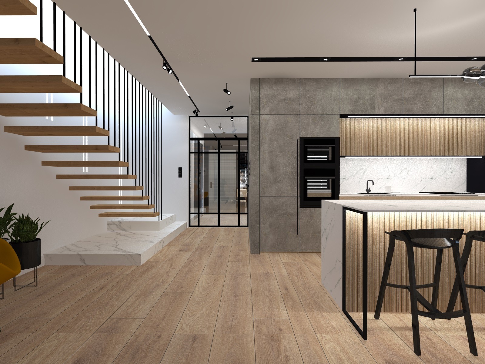 Wnętrze nowoczesnego mieszkania z otwartą kuchnią, drewnianymi schodami bez balustrady i marmurowymi wykończeniami, oświetlone listwami LED.