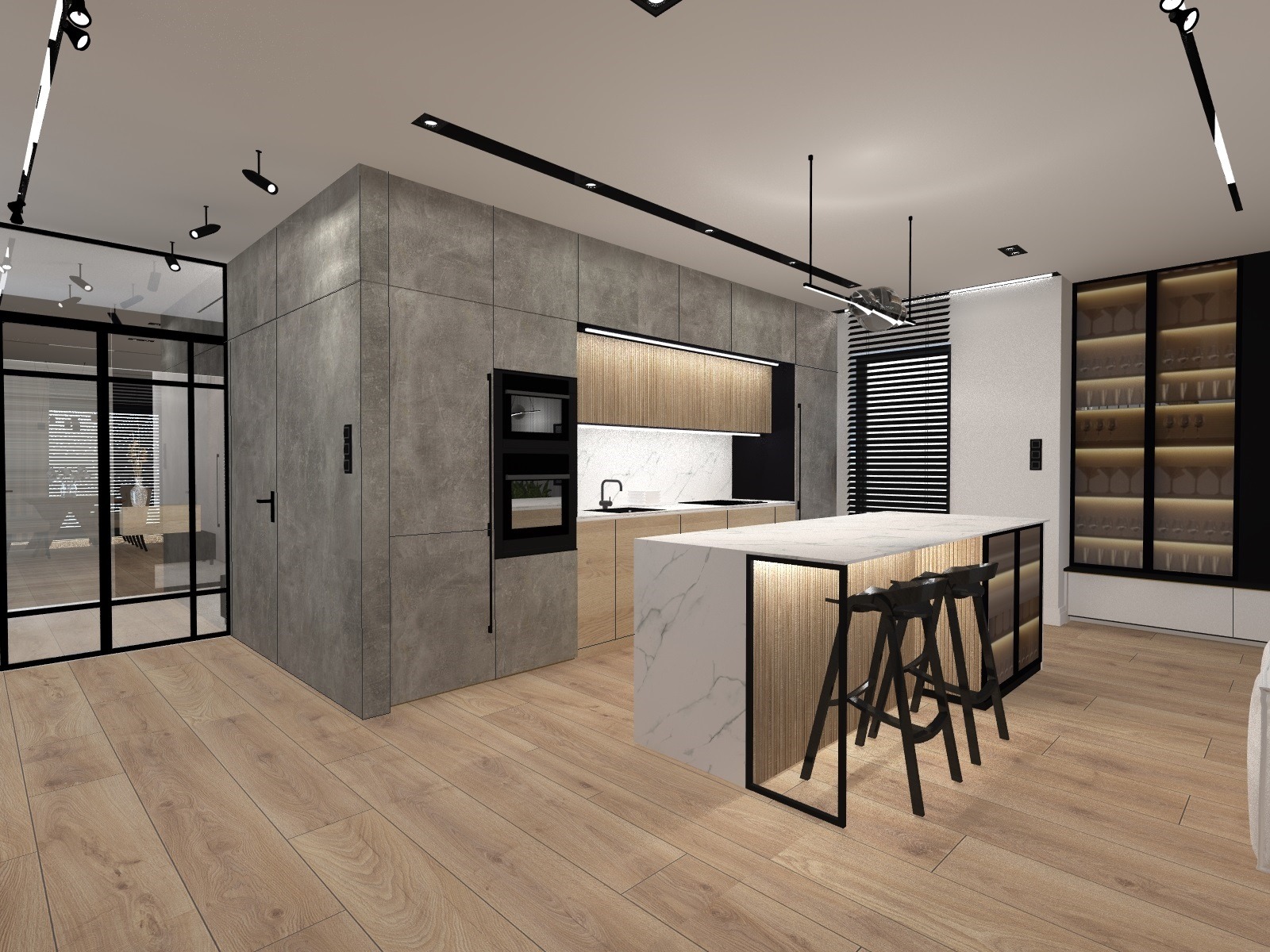 Wizualizacja nowoczesnej kuchni z wyspą, betonowymi ścianami i drewnianymi akcentami, oświetlenie punktowe i wiszące lampy, podłoga z jasnego drewna, czarne hokery przy wyspie.
