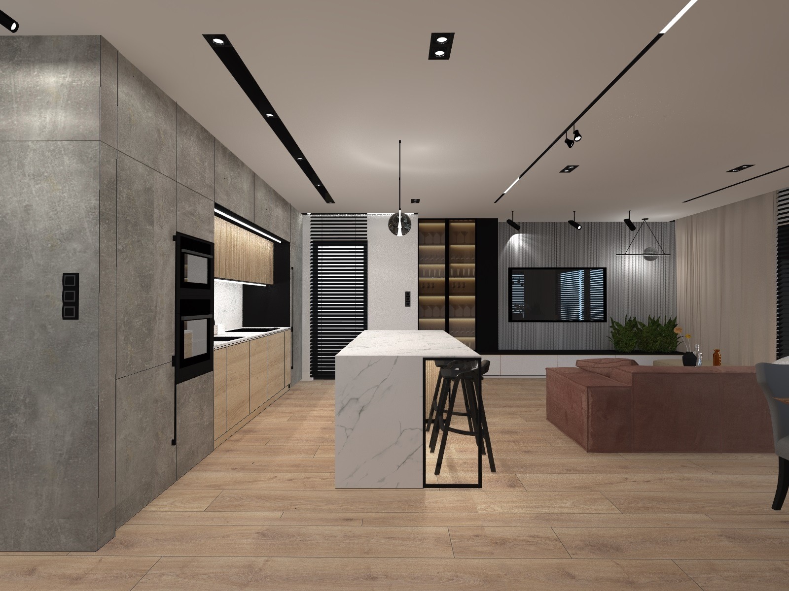 Nowoczesna kuchnia z wyspą o marmurowym wykończeniu, drewnianymi szafkami i szarymi ścianami, oświetlona punktowymi lampami sufitowymi, widok na salon z brązową sofą i telewizorem.