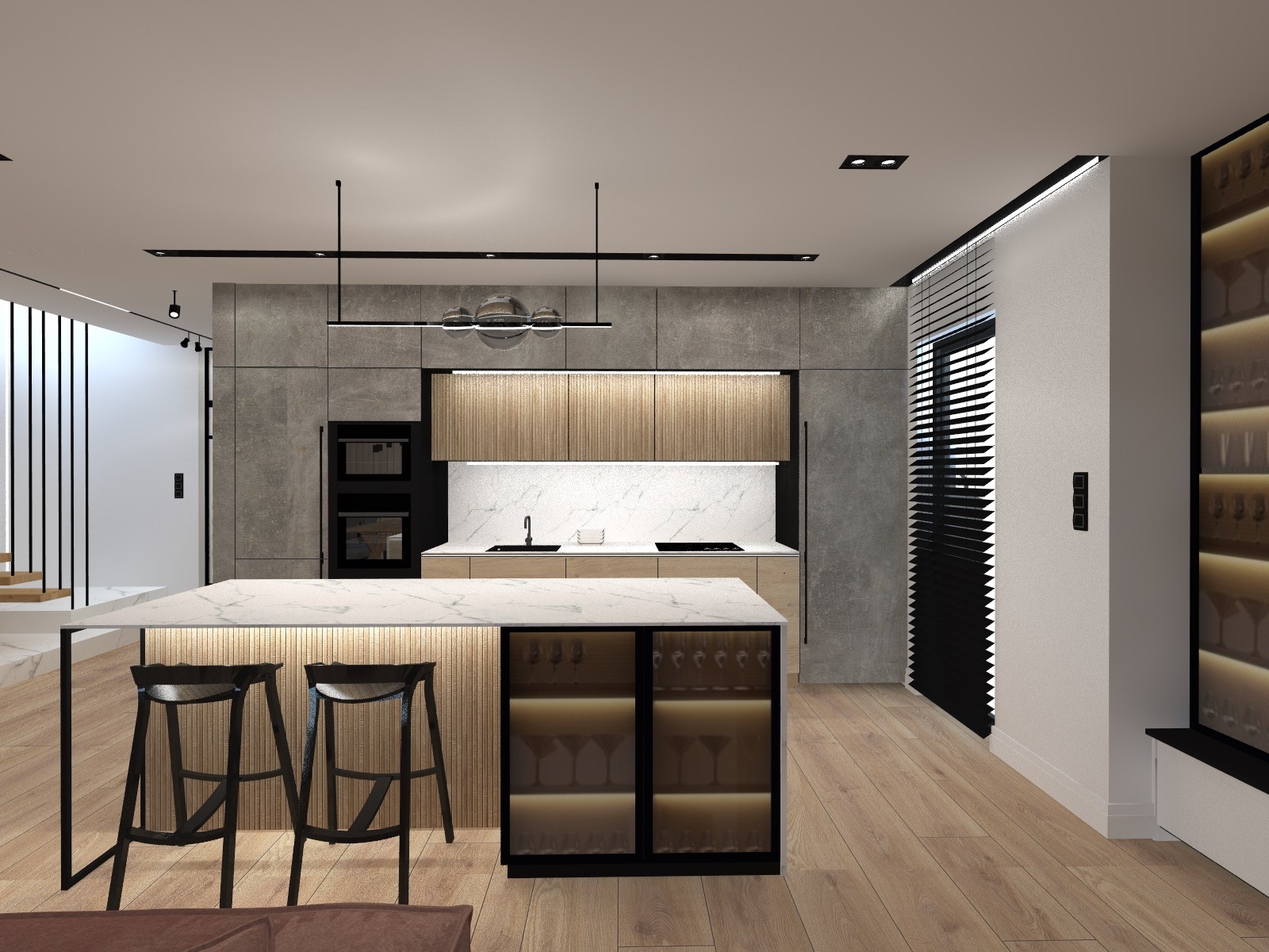 Wizualizacja nowoczesnej kuchni z wyspą, drewnianymi szafkami, marmurowym blatem i hokerami z czarnymi ramami, oświetlona wiszącą lampą z kulistymi kloszami.