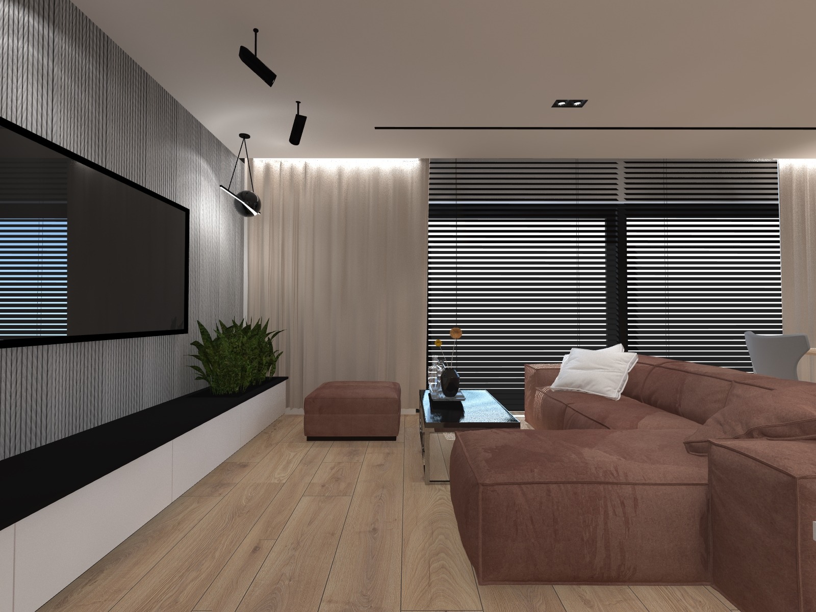 Wizualizacja salonu w neutralnych barwach z brązową sofą modułową, drewnianą podłogą i ścianą z pionowymi panelami dekoracyjnymi, oświetlonego nowoczesnymi lampami sufitowymi.