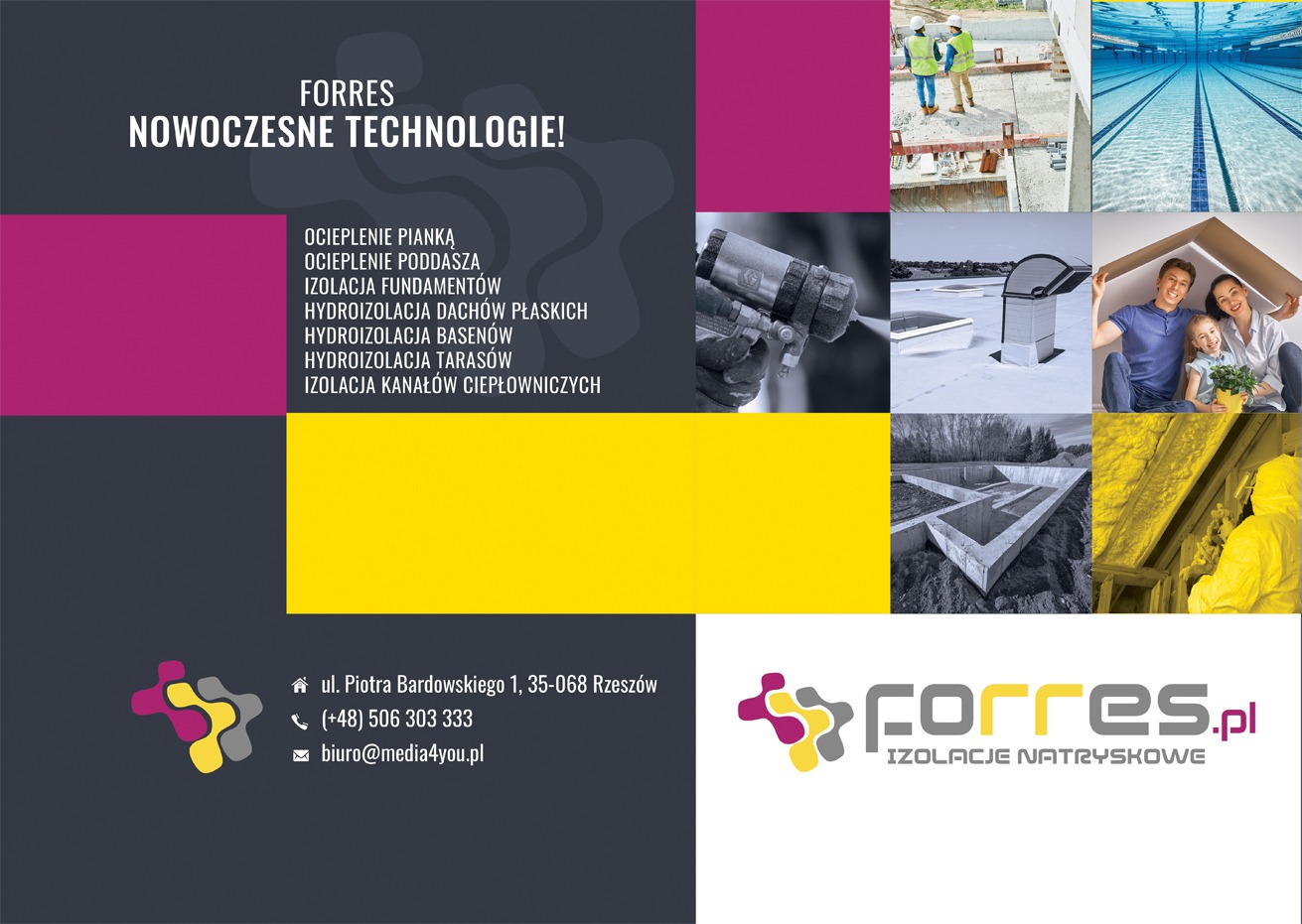 Kompozycja graficzna z logo firmy Forres.pl, listą usług izolacyjnych, zdjęciami z realizacji: izolacja natryskowa pianką, fundamenty, basen, dach płaski, pracownicy na budowie, rodzina...