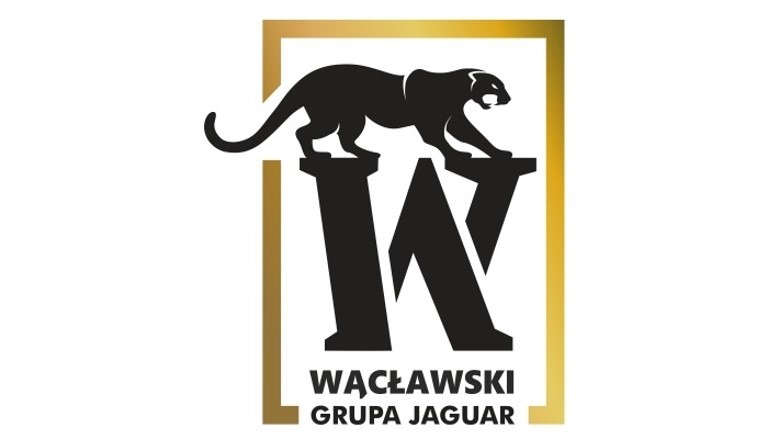 Logo firmy z sylwetką czarnego jaguara na literze W w złotej ramie, nazwa firmy 'WĄCŁAWSKI GRUPA JAGUAR' poniżej.
