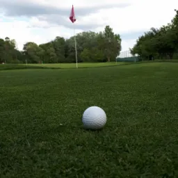 Biała piłeczka golfowa leżąca na idealnie przystrzyżonej, zielonej trawie pola golfowego, z czerwoną chorągiewką na fladze w tle, pod błękitnym niebem z białymi chmurami.