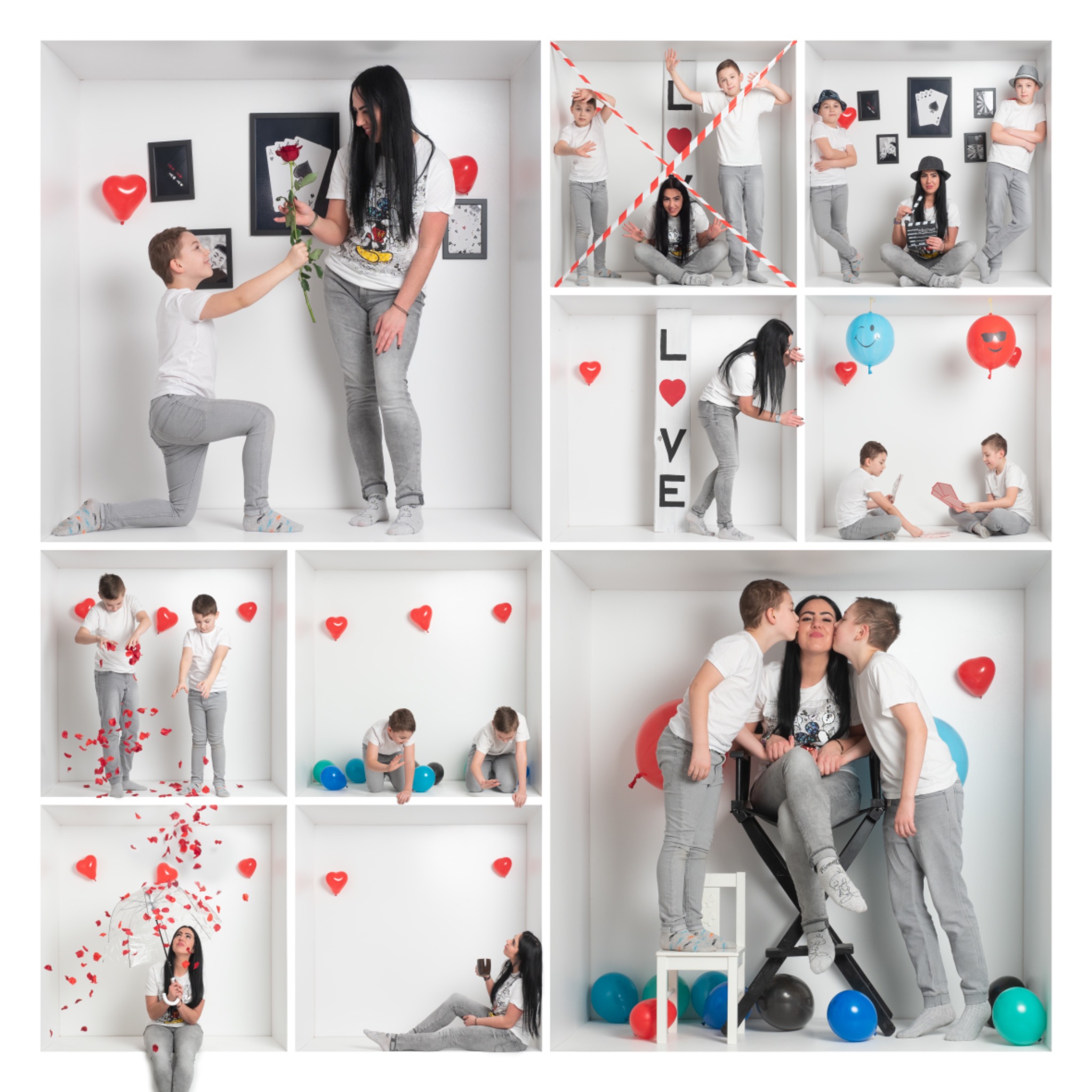 Kolaż zdjęć w białych boksach przedstawiający matkę z dwoma synami w różnych pozach i aranżacjach, z rekwizytami takimi jak balony w kształcie serc, róża, konfetti z płatków róż, klaps filmowy...