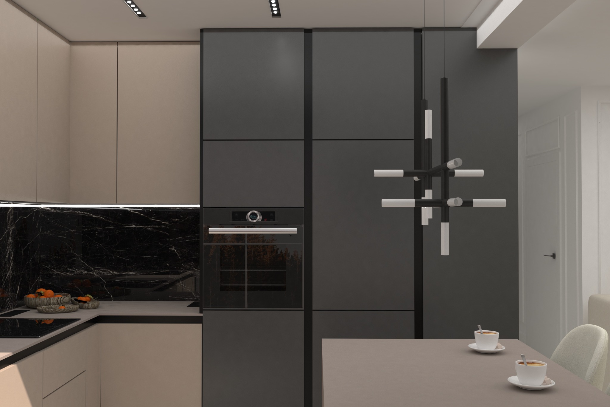Nowoczesna kuchnia z zabudową w odcieniach szarości i beżu, czarny marmurowy backsplash, oświetlenie punktowe i designerska lampa wisząca, stół z dwiema filiżankami kawy.