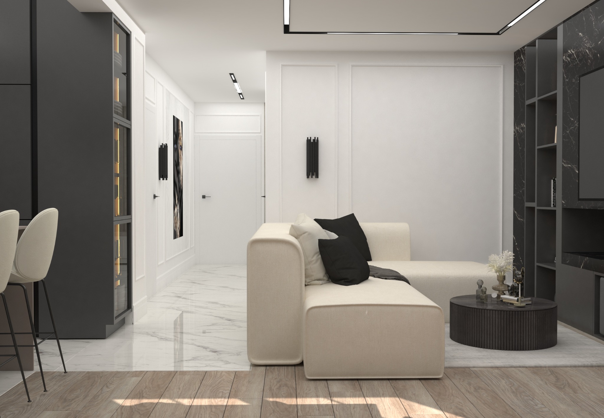 Nowoczesne wnętrze salonu z narożną sofą w odcieniach beżu, okrągłym stolikiem kawowym i marmurową ścianą z zabudową TV, oświetlone listwami LED i kinkietami.