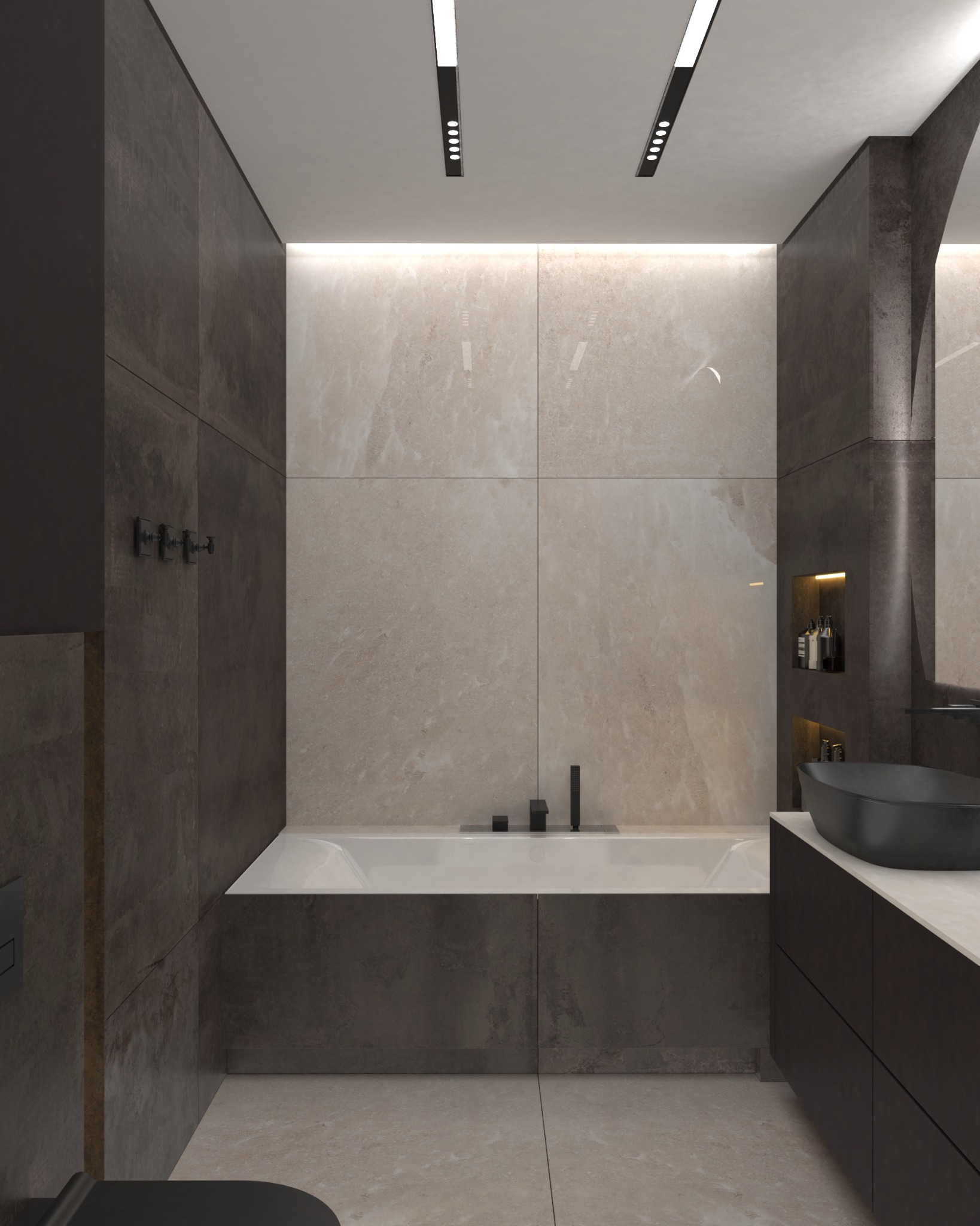 Nowoczesna łazienka w stonowanych kolorach: beżowe płytki imitujące marmur, ciemnobrązowe panele i szafki, czarna umywalka nablatowa oraz minimalistyczna armatura i oświetlenie LED.