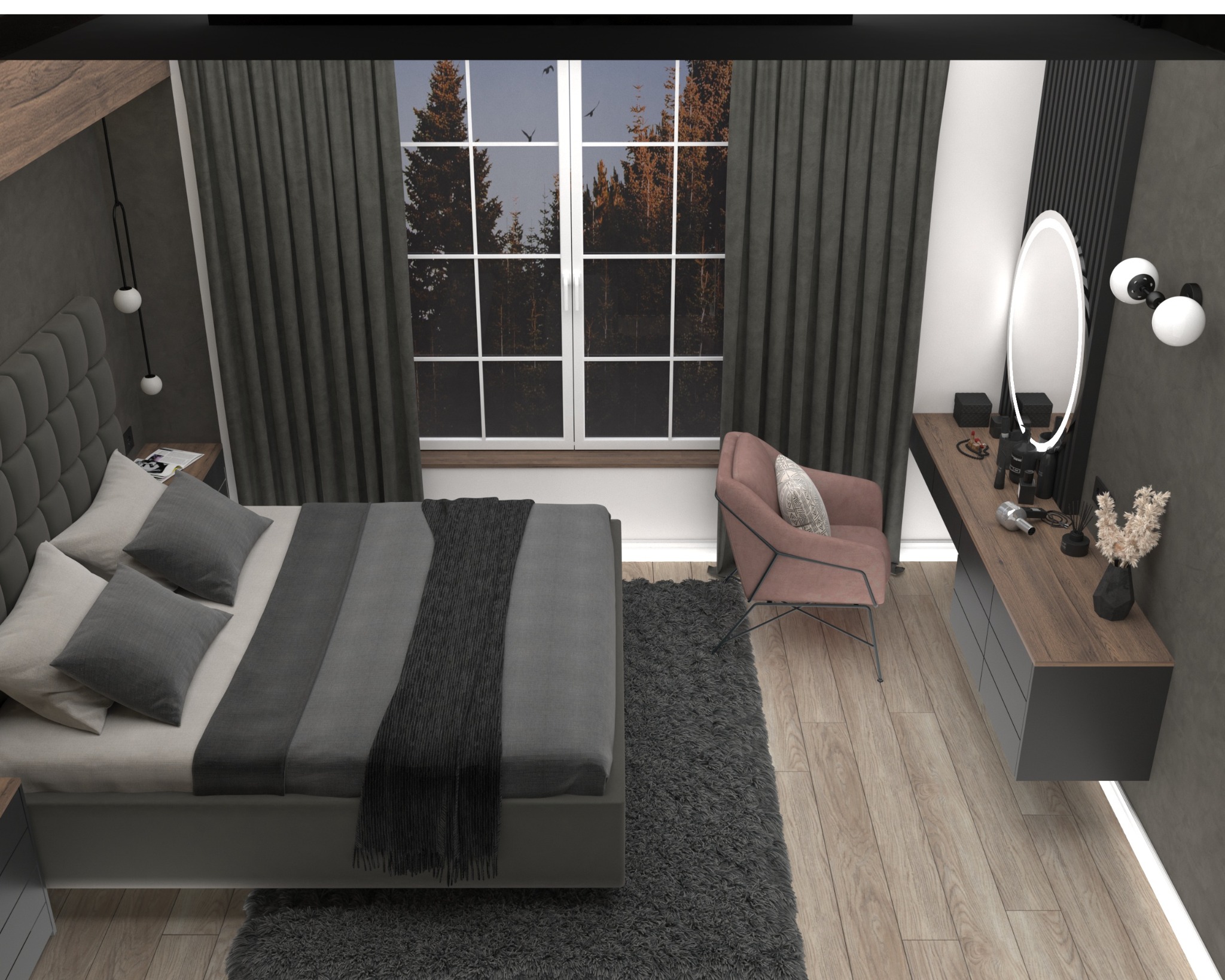 Nowoczesna sypialnia w odcieniach szarości z drewnianą podłogą, dużym oknem z widokiem na las i toaletką z owalnym lustrem podświetlanym LED.