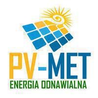 Logo firmy PV-MET Energia Odnawialna przedstawiające schematycznie panel słoneczny z promieniami słońca, nazwa firmy w kolorach żółtym i niebieskim oraz hasło 'Energia Odnawialna'.